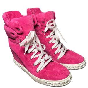 Casadei Rare Pink Suede Wedge Sneaker Lace Up Designer Ultra High Heels Size 8.5